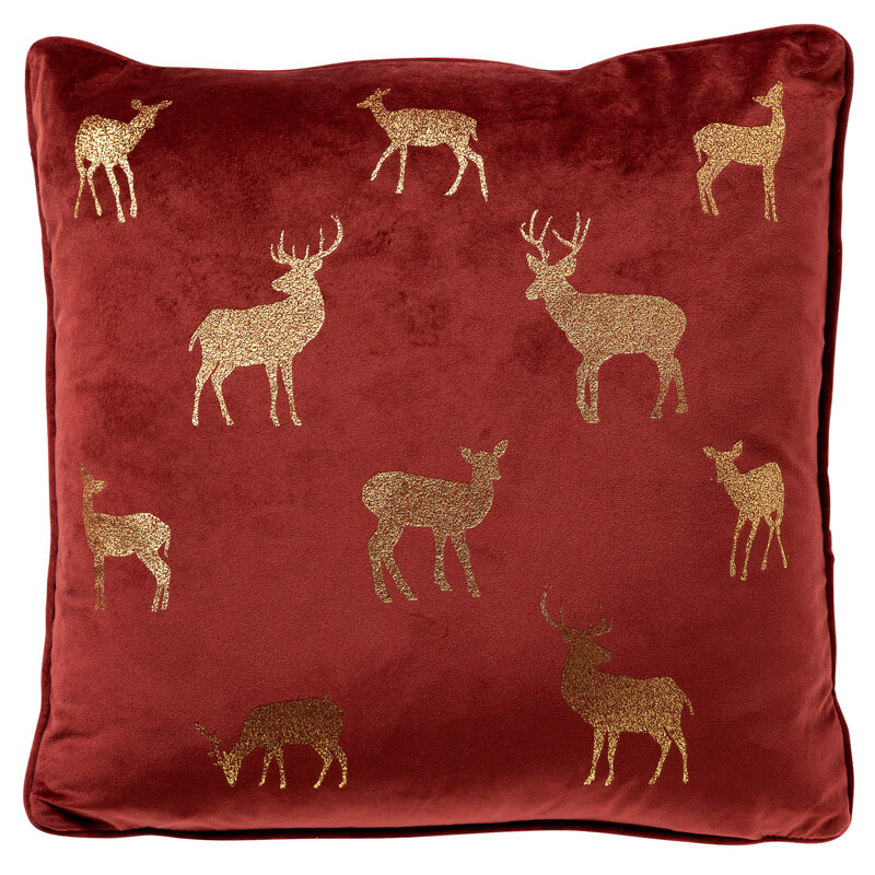 DEER - Dekokissen 45x45 cm - Rot - Weihnachtsdekoration - Samt